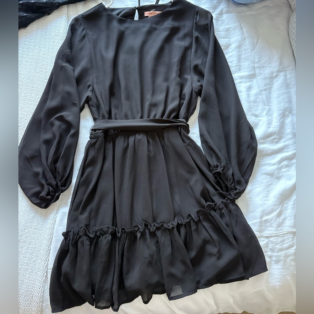 Black belted mini dress